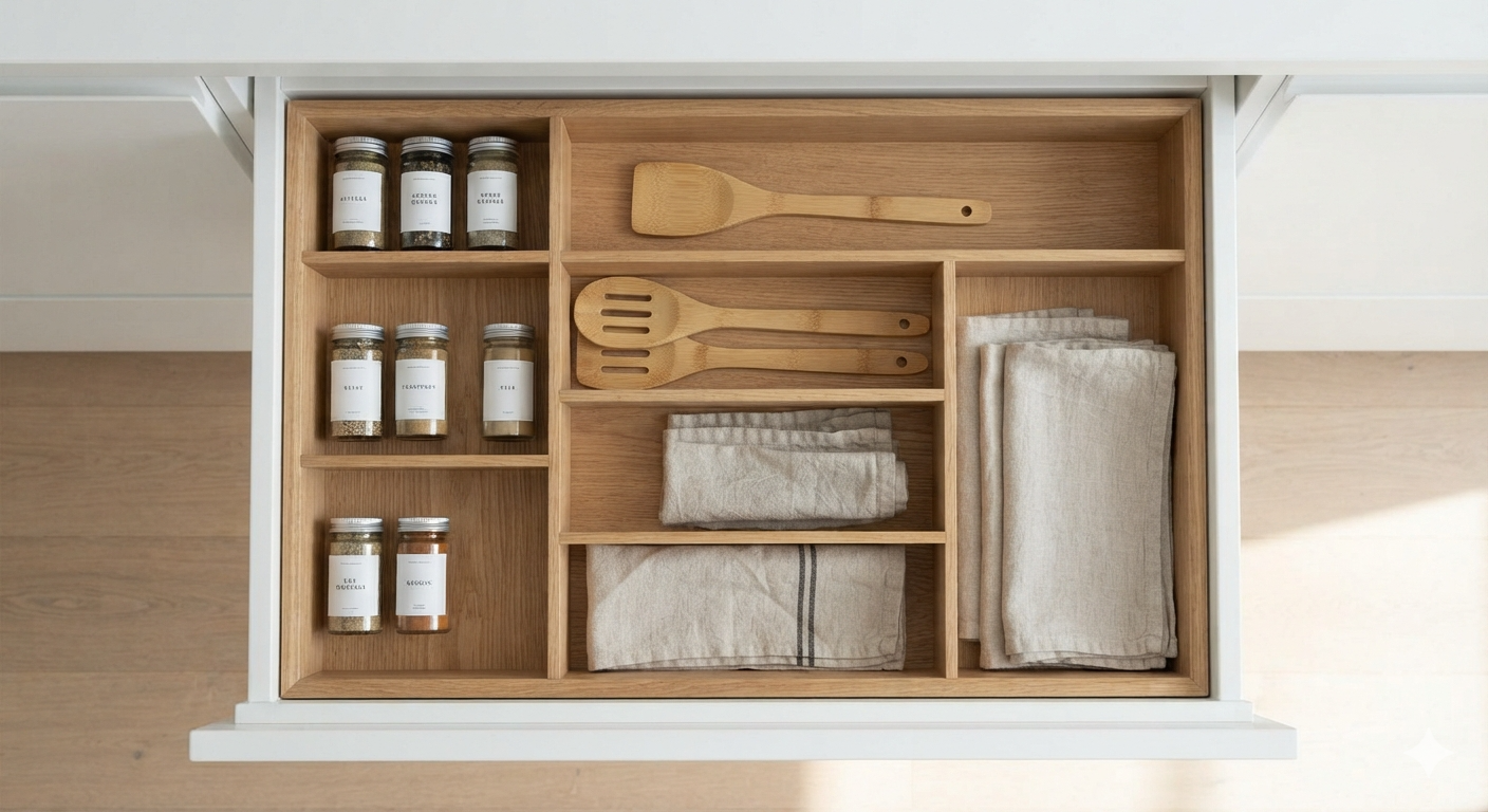The custom drawer organizer in use, holding spice jars, wooden utensils, and folded linens